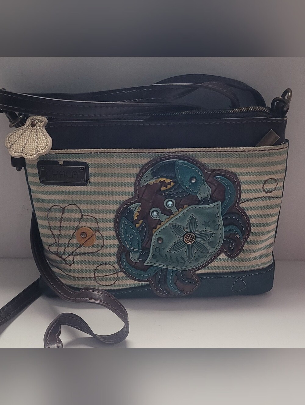 CHALA Striped Canvas Crossbody with Crab Applique - Teal & Brown
